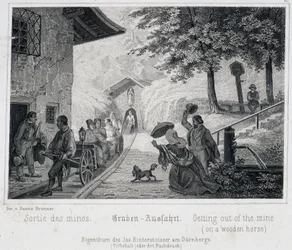Salzmine: der Ausgang der Touristen aus der Mine auf einem Holzfahrzeug, das auf Schienen gezogen wird, in Durrnburg, Österreich, um 1850