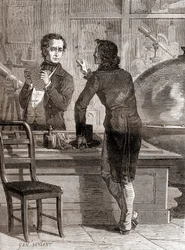Nicéphore Niépce, noch unbekannt und arm, im optischen und Instrumentengeschäft von Charles Chevalier, aus Les Merveilles de la Science, veröffentlicht um 1870 (Gravur)