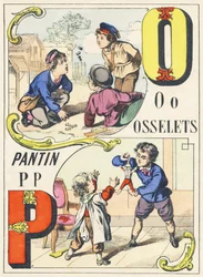 O P : Osselets, Pantin - Spiele-Alphabet, ca. 1890 (Illustration)