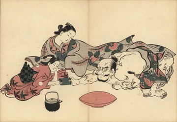 Oiran-Kurtisane beobachtet einen Krafttest zwischen ihrer Kamuro (Magd) und Kinpira, dem berühmten starken Mann. Ein Krug Sake und eine Trinkschale davor. Holzschnitt von Masanobu Okumura (1686-1764) aus Fuzoku Emakimono, Bildrolle des Wasserhandels, Tokio