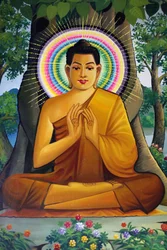 Gemälde, das einen sitzenden Buddha zeigt, Wat Than, Phnom Penh, Kambodscha