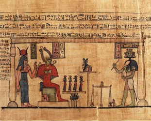 Papyrus aus dem Ersten Buch des Atmens von Ousirour, Thoth wiegt die Seele von Ousirour vor Isis und Osiris