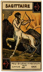 Paranormal. Astrologie. Schütze (der Bogenschütze). Astrologische Karte aus: Le Tarot Astrologique, von Georges Muchery, Frankreich