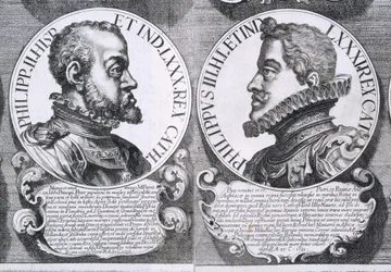 Porträts von Philipp II. und Philipp III. von Spanien (Lithografie)