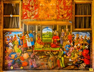 Empfang des Mogulherrschers Humayun 1544, Fresken mit höfischen Szenen und Kampfszenen, Chehel Sotoun Palast, Isfahan, Iran, Asien (Foto)