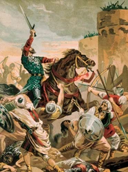 Darstellung von Cid, Rodrigo Diaz de Vivar (1043-1099), spanischer Ritterheld der Reconquista während der Belagerung von Valencia gegen die Sarazenen im Jahr 1099