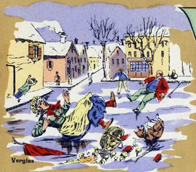 Dorfbewohner rutschen im Winter auf Eis. Illustriertes Alphabet. Bildereien vereint in Jarville-Nancy, Anfang des 20. Jahrhunderts. Dim: 40 x 29 cm. Lithographie auf bistre Hintergrund