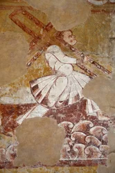 Romanische Kunst: Simon von Cyrene trägt das Kreuz Christi. Detailansicht der Fresken des Chors La vie du Christ (13. Jahrhundert) aus der Kirche Saint Martin