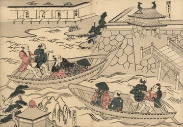 Samurai überquert den Fluss (bei Akasaka Mitsuke) in einem Boot auf dem Weg zu den Vergnügungsvierteln von Yoshiwara. Holzschnitt von Masanobu Okumura (1686-1764) aus Fuzoku Emakimono, Bildrolle des Wasserhandels, Tokio, Nachdruck um 1880