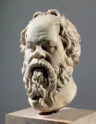 Sokrates, Marmorkopf, Kopie von einer Bronze aus dem Pompeion in Athen, hergestellt von Lysippus, klassisch griechisch, ca. 330 v. Chr.