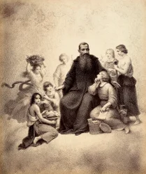 Der heilige Benedikt auf dem Thron ist umgeben von Jugendlichen mit Weizenbündeln und Obstkörben. Illustration des Canto XXXII in Paradiso aus der Göttlichen Komödie von Dante Alighieri. Werk von Francesco Scaramuzza, gewidmet der Gemeinde Florenz.