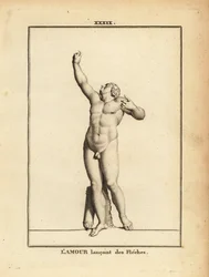 Statue des Eros, des griechischen Gottes der Liebe, nackt mit Köcher, unsichtbare Pfeile mit einem unsichtbaren Bogen abschießend