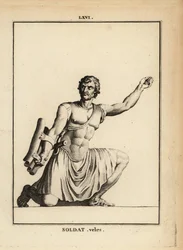 Statue eines römischen Soldaten, Velites oder leichte Infanterie, mit Kurzschwert Gladius, Holzschild Parma