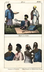 Sudanesische Frauen im gestreiften Kleid. Unten, Demmes von Timbuktu (Mali) und Tibbo-Frauen der Sahara. Lithographie aus dem Buch: „Galerie complète en tableaux fidèles des peuples d