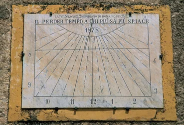 Sonnenuhr, Seitenwand der Kirche Maria Santissima Assunta, Palazzo Adriano, Sizilien, Italien