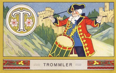 T: Trommler - Alphabet Palmin. Serie von Chromolithographien herausgegeben von H. Schlinck & Cie, Hamburg. Werbung für Palmin feinstes Kokosfett.