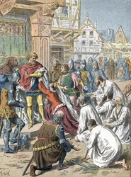 Die Bürger von Calais, angeführt von Eustache de Saint-Pierre, bieten sich als Geiseln für Edward III. an