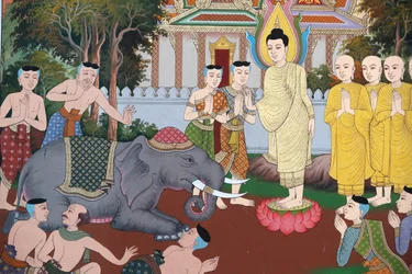 Das Leben des Buddha, ein wilder Elefant gezähmt durch liebevolle Güte, Wandfresko, Wat Maniratanaram Kloster, Phnom Penh, 2022 (Foto)