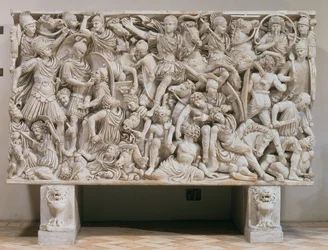 Der Ludovisi-Sarkophag mit Hochreliefdarstellung der Römer im Kampf gegen die Barbaren, 250-80 n. Chr.