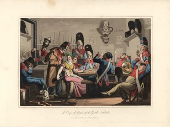 Die Nationalgarden in den Wachen, trinken mit der Kantiniere, Spirituosenhändler und spielen Karten, rauchen die Pfeife, einige schlafen - Radierung nach einer Illustration von Victor Auver, aus Un tour durch Paris, veröffentlicht von William Sams.