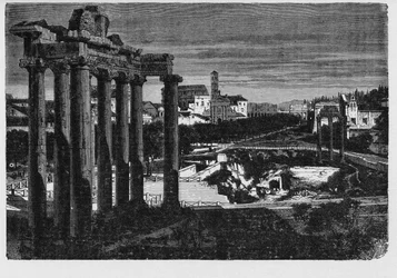 Das Forum Romanum umgeben von den Ruinen mehrerer wichtiger antiker Regierungsgebäude im Zentrum der Stadt Rom. Die Bürger der antiken Stadt nannten diesen Raum, ursprünglich ein Marktplatz, das Forum Magnum oder einfach das Forum.