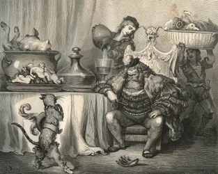 Der gestiefelte Kater trifft den Oger. Gravur von Gustave Doré (1832-1883) aus „Les contes“ von Charles Perrault (1628-1703)
