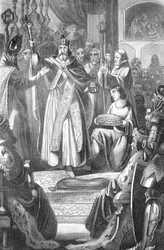 Die Krönung Rudolfs I. von Habsburg (1218-1291) zum römisch-deutschen König am 24. Oktober 1273 im Aachener Dom, Deutschland (Rudolf I. von Deutschland wird am 24. Oktober 1273 im Aachener Dom gekrönt). Stich aus „Bilder-Gallerie zur allgem“ von Rotteck