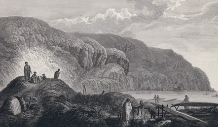 Die Bewohner von Oonalashka (oder Unalaska, Alaska, USA) und ihre Häuser. Kupferstich Ende des 18. Jahrhunderts, nach John Webber (1751-1793).