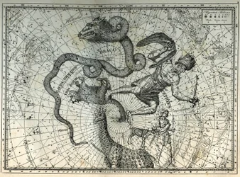 Die nahegelegenen Sternbilder des Nordpols: Kleiner Bär, Drache, Kepheus, Giraffe, Rentier und Messier. Gravur aus Camille Flammarions „Les étoiles et les autres curiosités du ciel“