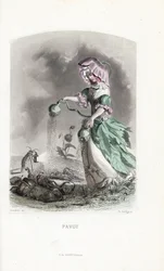 Die Mohnfee streut Mohnkapseln auf Käfer und Heuschrecken - Radierung von Charles Geoffroy nach einer Illustration von Jean Ignace Isidore Gerard dit J.J.Granville für Les fleurs animées