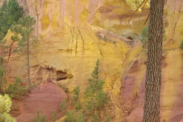 Die Ruhe der Ockersteinbrüche in Roussillon. Man kann den Eingang der Minengalerien und die verschiedenen Ockertöne sehen. Ocker ist ein reiner Ton, bekannt als Kaolinit, gefärbt durch ein Pigment mineralischen Ursprungs Eisenhydroxid. Vaucluse, Provence-A