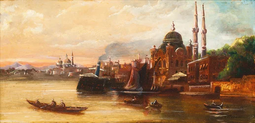Türken rudern auf dem Bosporus vor einer Moschee
