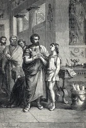 Valentinian II. wird von Gratian als römischer Kaiser anerkannt (375). 1888 (Gravur)