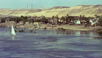 Blick auf den Nil mit Faluka-Boot, Ägypten, ca. 1979