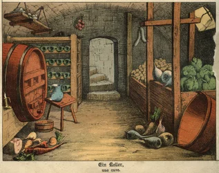 Ansicht des Inneren eines Kellers, der sowohl zur Aufbewahrung von Wein als auch von Gemüse und Wurstwaren genutzt wird. Tafel aus einem deutsch-französischen Kinderwörterbuch