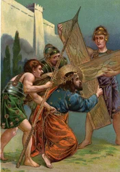Kreuzweg - Via Crucis - Kreuzwegstationen: Dritte Station, Jesus fällt zum ersten Mal unter dem Gewicht seines Kreuzes. Chromolithografie. Private Sammlung
