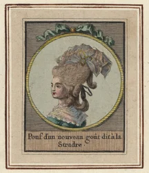 Frau in einem neuen Stil von Pouf namens Stradre. Pouf mit einem neuen Geschmack namens Stradre. Handkolorierter Kupferstich von einem unbekannten Künstler aus einem Album modischer Frisuren von 1783, Suite des Coeffures à la Mode en 1783, Enauts et Rapill