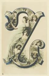 Z: Foto-Porträt einer Frau in einem langen blauen Tuch, mehrere Büsten von Frauen im Buchstaben - Alphabet Porträts von Frauen. A. L. Herausgeber