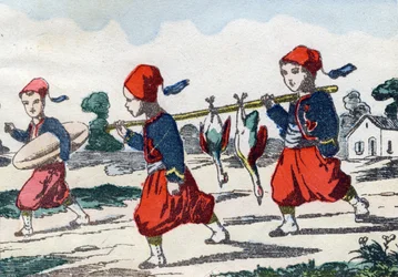 Zouaven. Gravur in "Alphabet militaire enfantin". Bildgebung von Pont-a-Mousson, um 1890. 20 Seiten.