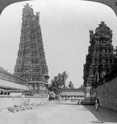 Gopuram, Sri Meenakshi Hindu-Tempel, Madurai, Tamil Nadu, Indien, um 1900