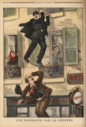 Ein Polizist aus Montreuil zögert nicht, sich aus dem Fenster zu werfen, um einen Einbrecher zu verfolgen, der gerade gesprungen ist, um seinen Verfolgern zu entkommen. Gravur in "Le petit journal" 17/12/1899. Selva Sammlung.