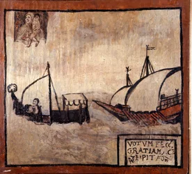 Eine Barbaresken-Galeere verfolgt ein Boot neapolitanischer Fischer. Ex-voto aus dem 17. Jahrhundert. Madonna dell
