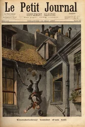 Ein Einbrecher fällt von den Dächern der Notre Dame Straße in Nazareth, in seiner Eile vor den Polizisten zu fliehen. Gravur in "Le petit journal" 14/5/1899. Selva Sammlung.