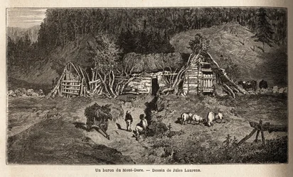 Ein Buron von Mont-Dore, ein Gebäude in den Bergweiden Zentralfrankreichs, das saisonal betrieben wird, um Käse von Mai bis Oktober herzustellen und Kühe zu beherbergen. Gravur zur Illustration der Reise zu den Vulkanen Zentralfrankreichs im Jahr 1864