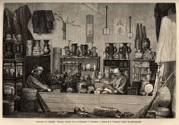 Ein Kuriositätenladen in Yokohama. Gravur zur Illustration der Reise nach Japan, von Aime Humbert, Minister der Schweizerischen Eidgenossenschaft, 1863-1864, veröffentlicht in "Le tour du monde" 1869, herausgegeben von Edouard Charton, Edition Hachette, Pa