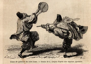 Ein Tanz der Konferei des Kami-Kults, mit Rezitation von Litaneien und unerwarteten choreografischen Figuren. Gravur zur Illustration der Reise nach Japan, von Aimé Humbert, Minister der Schweizerischen Eidgenossenschaft, 1863-1864, veröffentlicht in „Le t