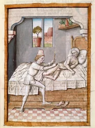 Ein Arzt behandelt einen Patienten (Miniatur aus einer deutschen Übersetzung der Fabeln von „Kalila und Dimna“ von Bidpai, um 1480)
