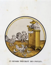 Ein Fuchs predigt Hühnern (Renart-Roman) - religiöse Karikatur, Limoges