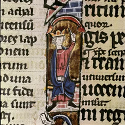 Ein König hilft beim Wiederaufbau des Tempels von Jerusalem. Detail einer Manuskriptseite der Bibel von Saint Ludovic
