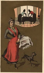 Eine Waschmaschine, die Wäsche in einem Korb trägt. Anonyme Chromolithographie, späte 19. Jahrhundert.